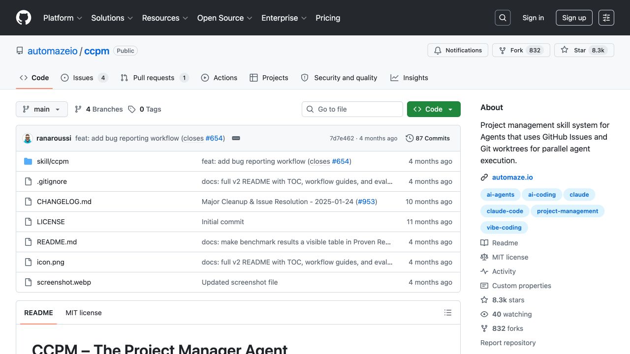 automazeio ccpm 官方 GitHub 仓库首页，README 标明它面向 PRD、GitHub Issues 与多 Agent 协作