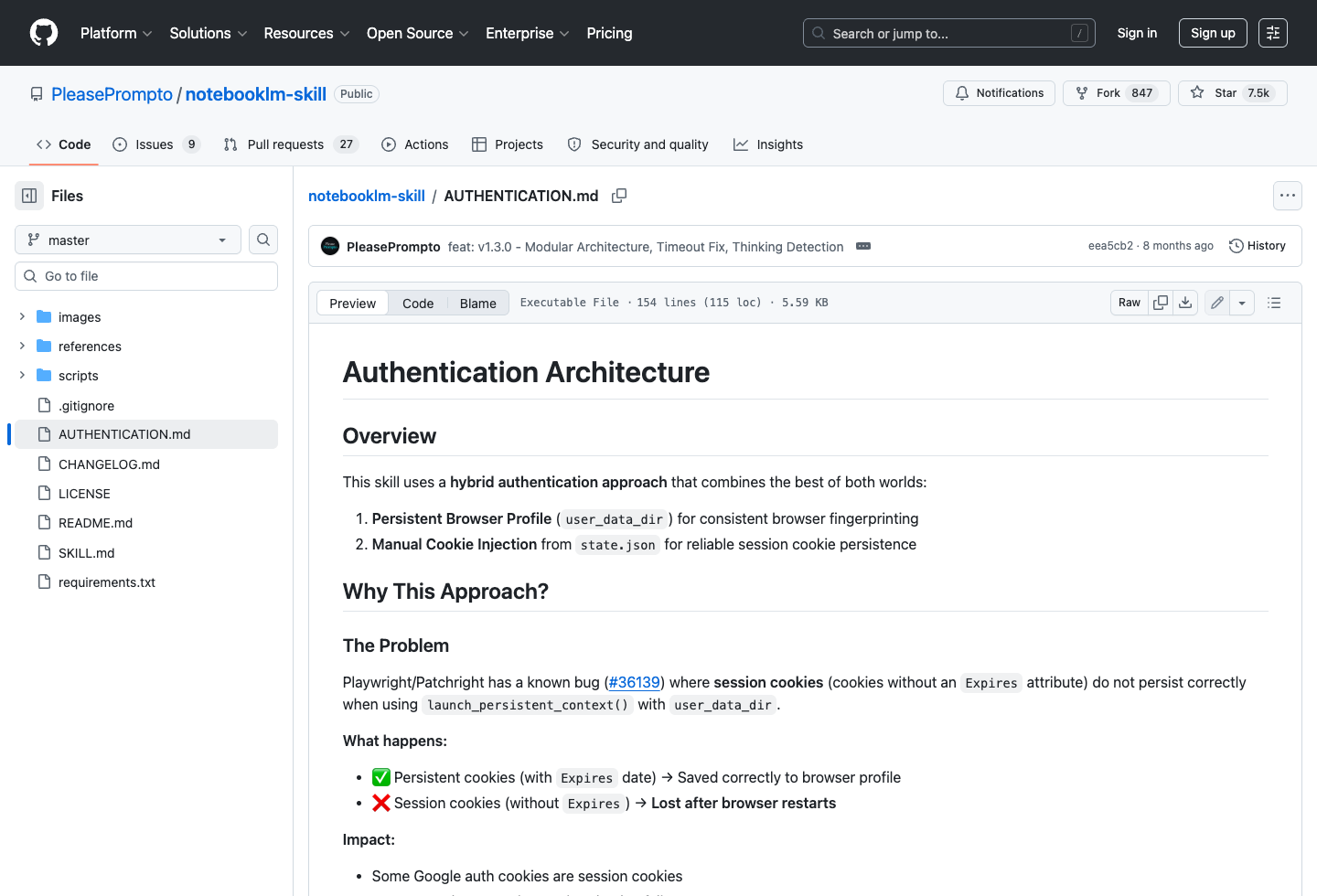 notebooklm-skill AUTHENTICATION.md 展示 Persistent Browser Profile 和 state.json 认证方案