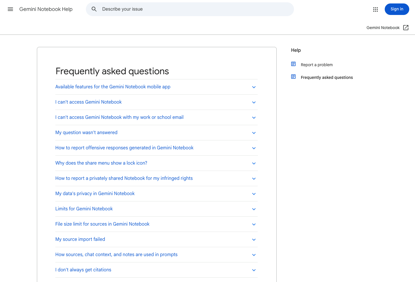 Gemini Notebook Help FAQ 展示信息不在 sources 中时不会提供回答的说明