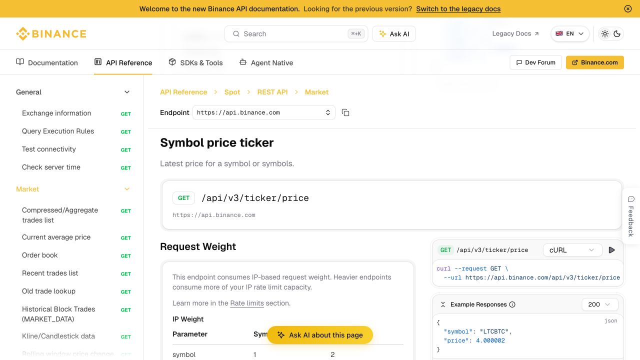币安现货 Symbol price ticker 接口路径和返回示例