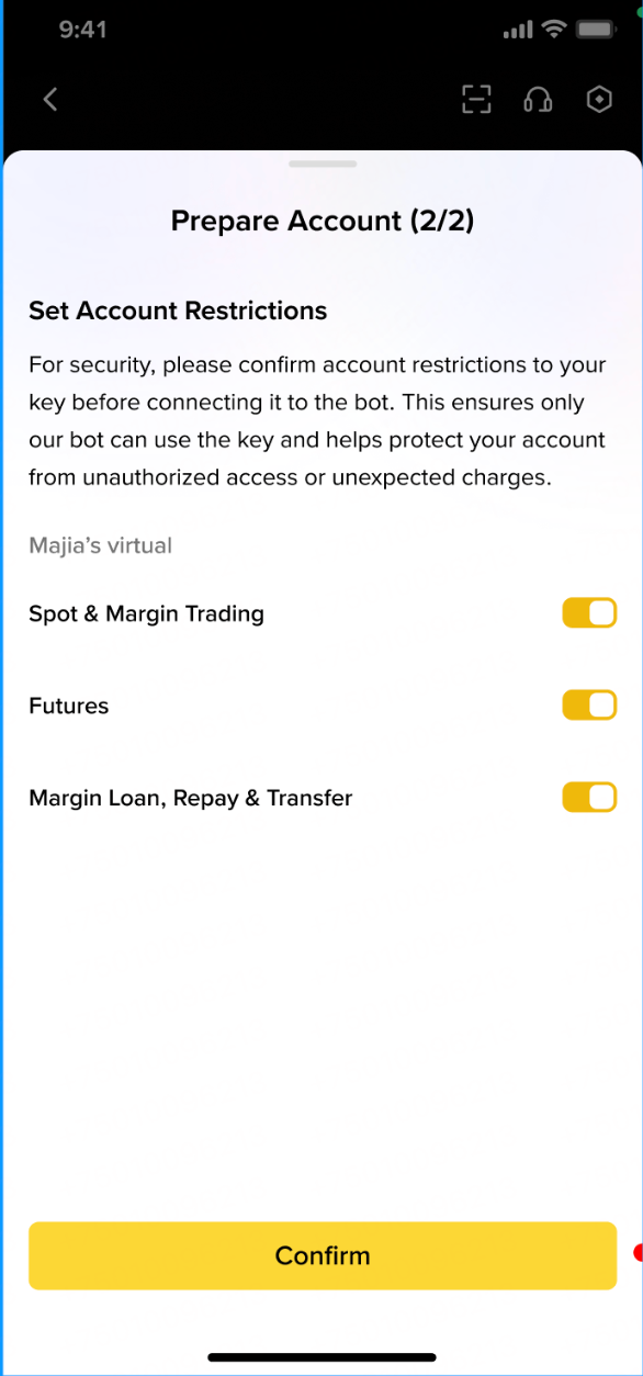 币安 Ai Pro 账户权限设置页包含现货与杠杆、合约和借贷相关开关
