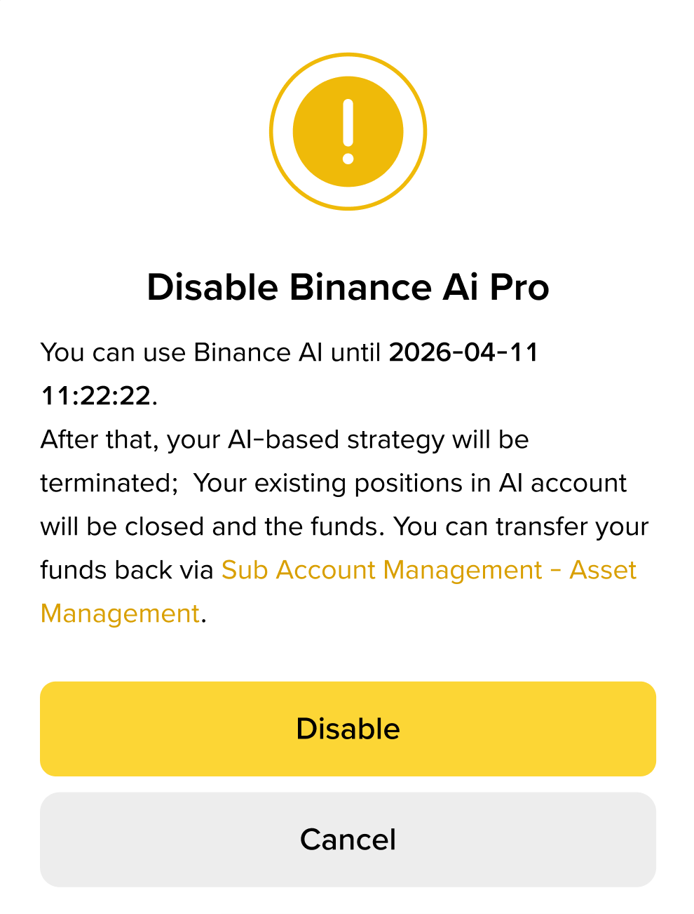 停用币安 Ai Pro 前提示策略终止和 AI 账户仓位关闭