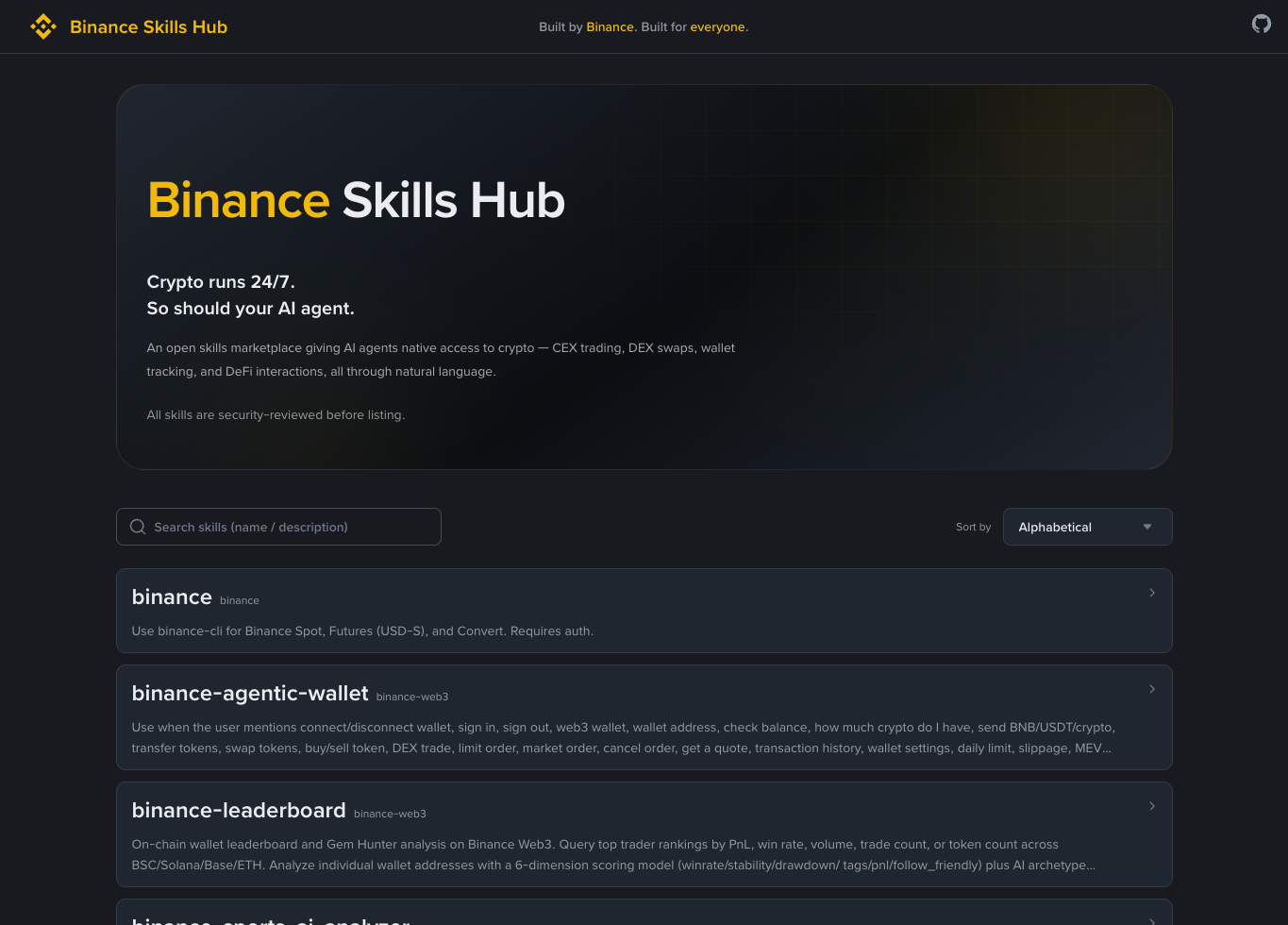 Binance Skills页面展示AI技能入口和能力集合