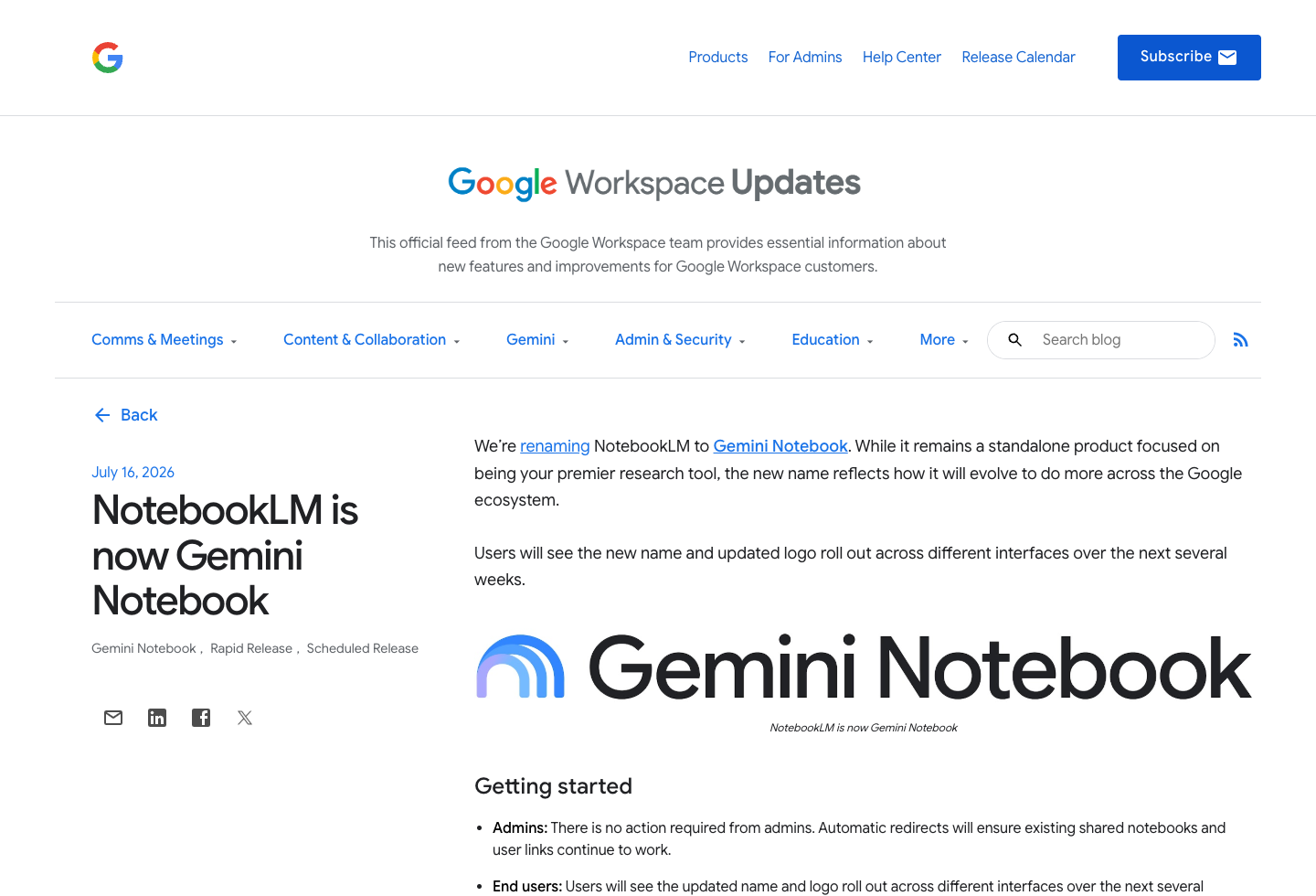 Google Workspace Updates 展示 NotebookLM 更名 Gemini Notebook 的 rollout 和用户影响