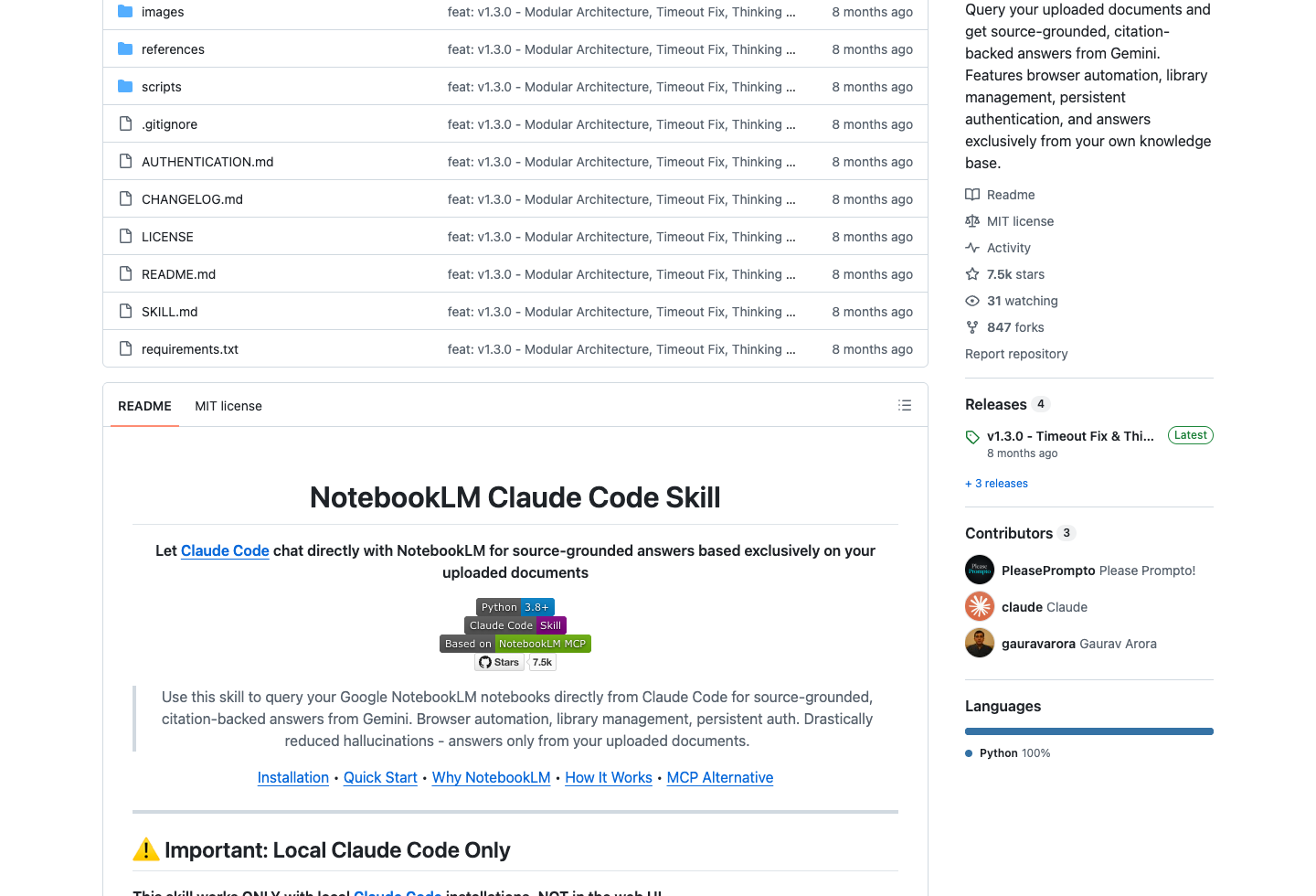 notebooklm-skill README How It Works 展示 Skill 架构和脚本目录