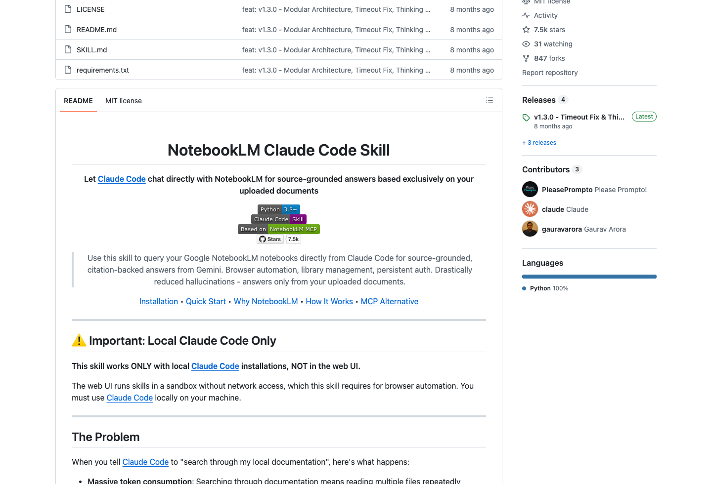 notebooklm-skill GitHub README 展示 Local Claude Code Only 和安装入口