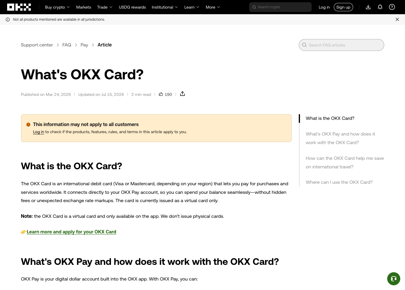 OKX Card 帮助中心截图，说明虚拟卡、OKX Pay、Apple Pay 和 Google Pay 使用边界