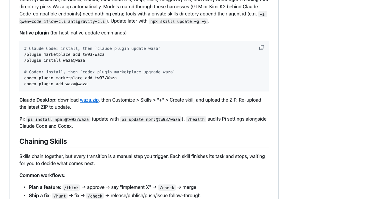 Waza README 中关于 Skills chaining 的说明