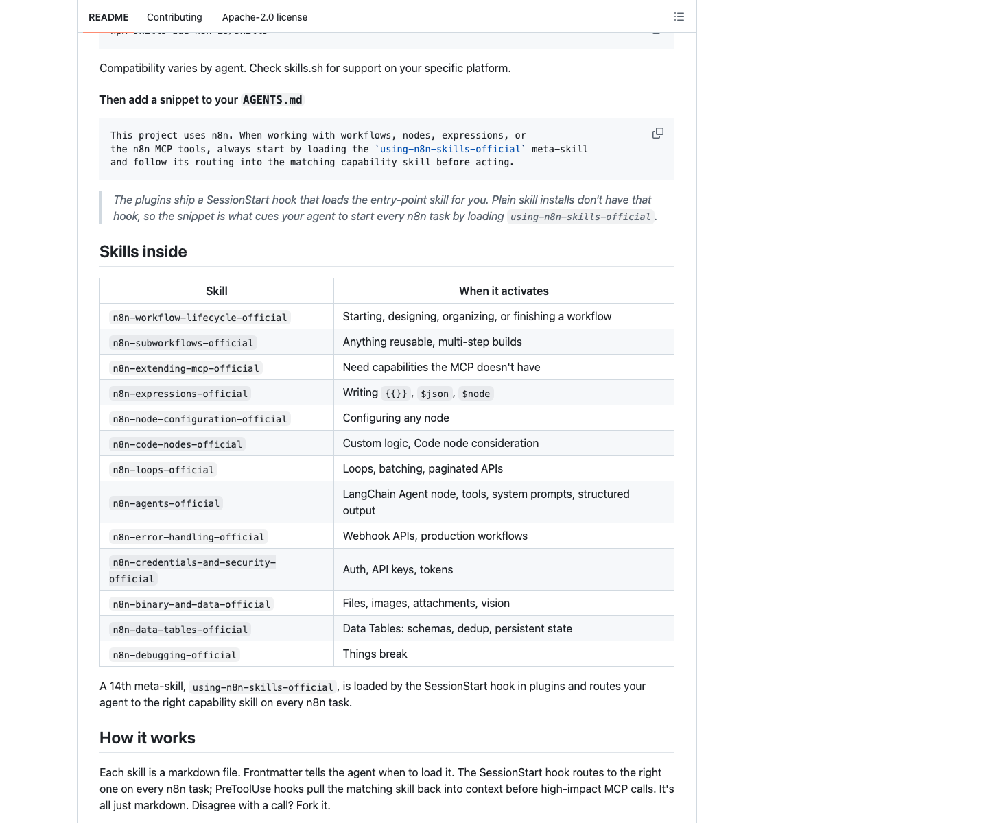 n8n 官方 skills 列表，覆盖 lifecycle、expressions、loops、agents、debugging 等能力