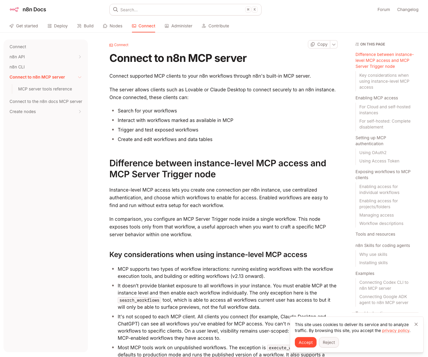 n8n 官方文档 Connect to n8n MCP server 页面顶部