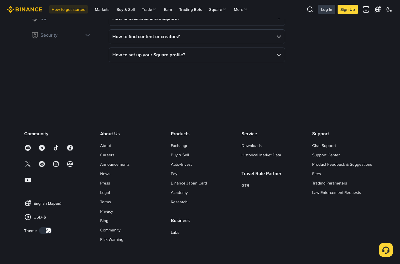 Binance Square FAQ 页面展示 Discover、Following、News、Academy 和 LIVE 区域