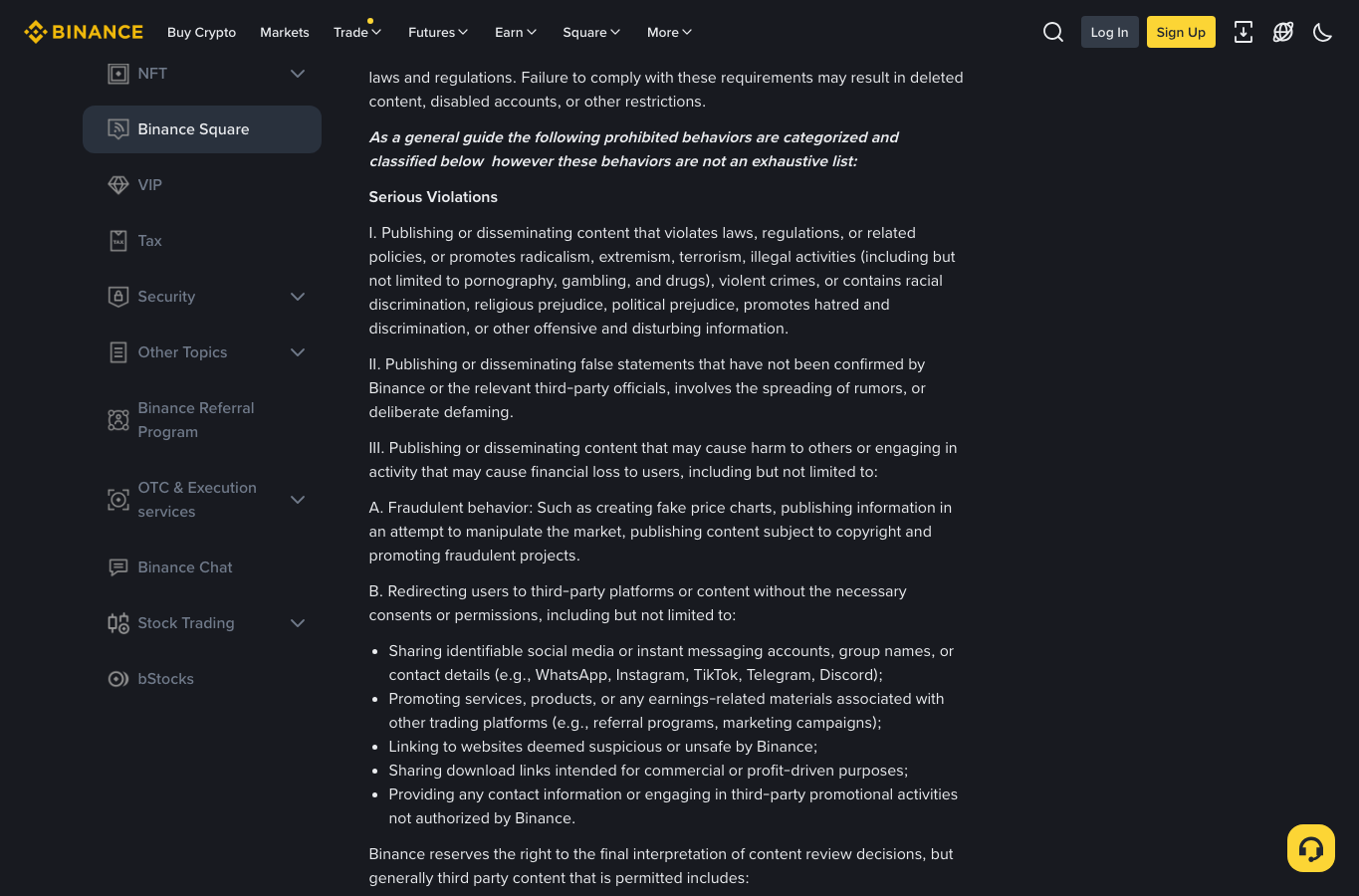 Binance Square Community Guidelines 页面展示滥用推广和批量发布限制
