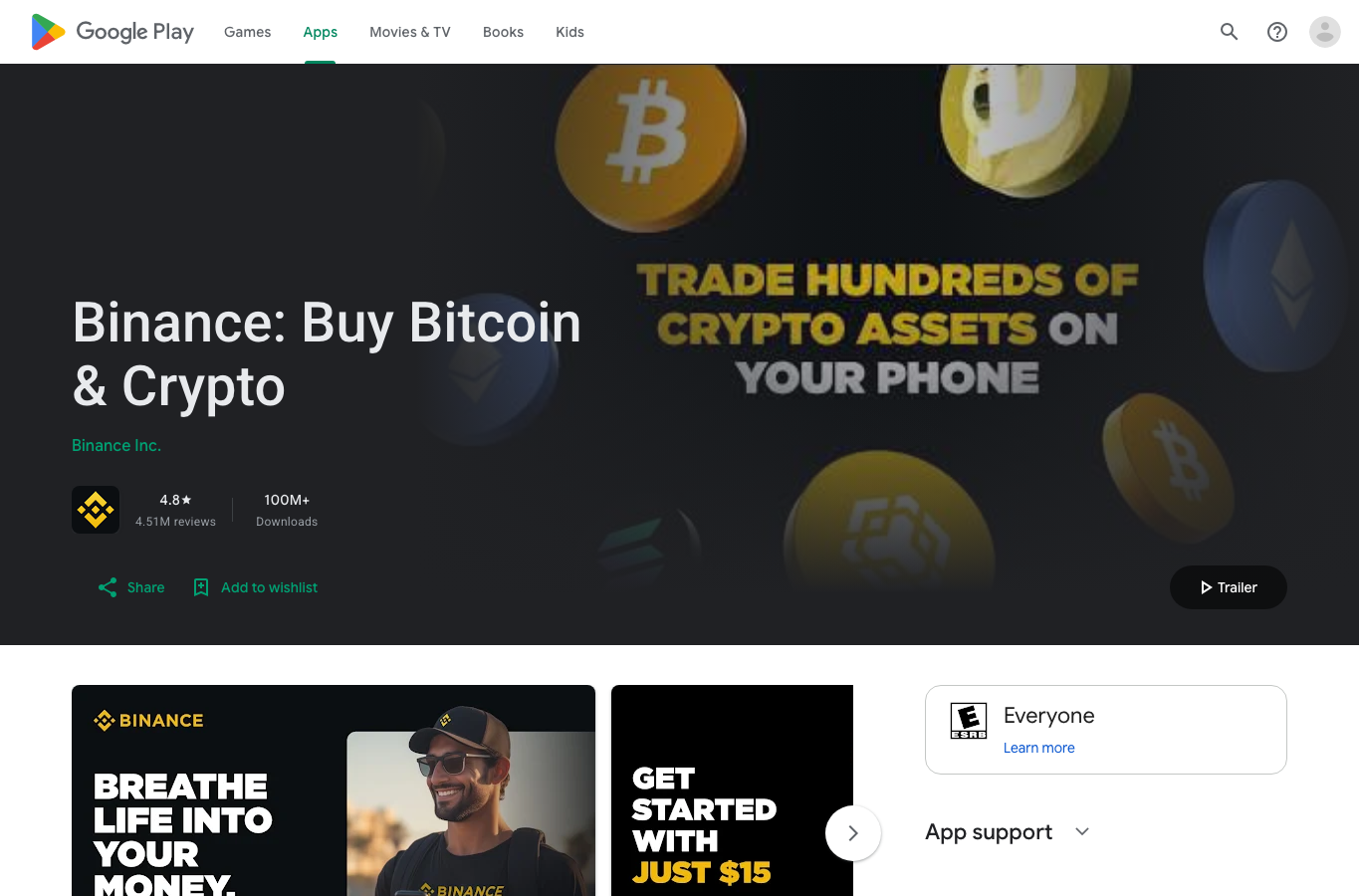 Google Play 中 Binance Buy Bitcoin and Crypto 页面显示 Binance Inc.、评分和下载量