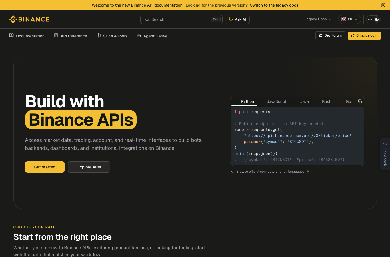 Binance Developer Docs首页展示公开行情接口示例