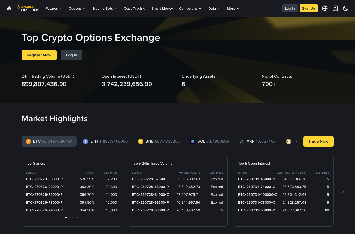 Binance Options 页面显示市场概览、看涨和看跌入口