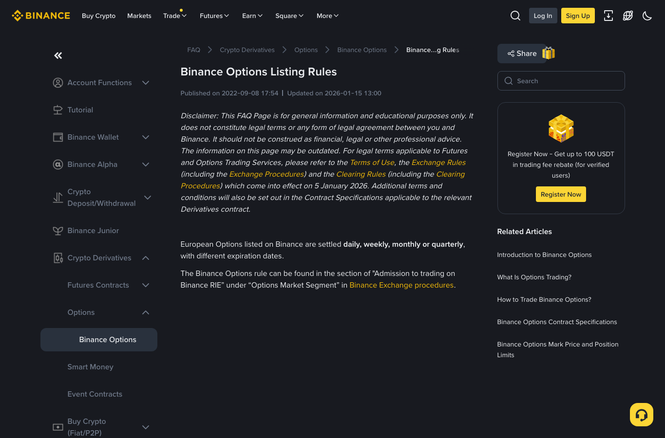 Binance Options Listing Rules 页面展示期权上市与到期规则说明