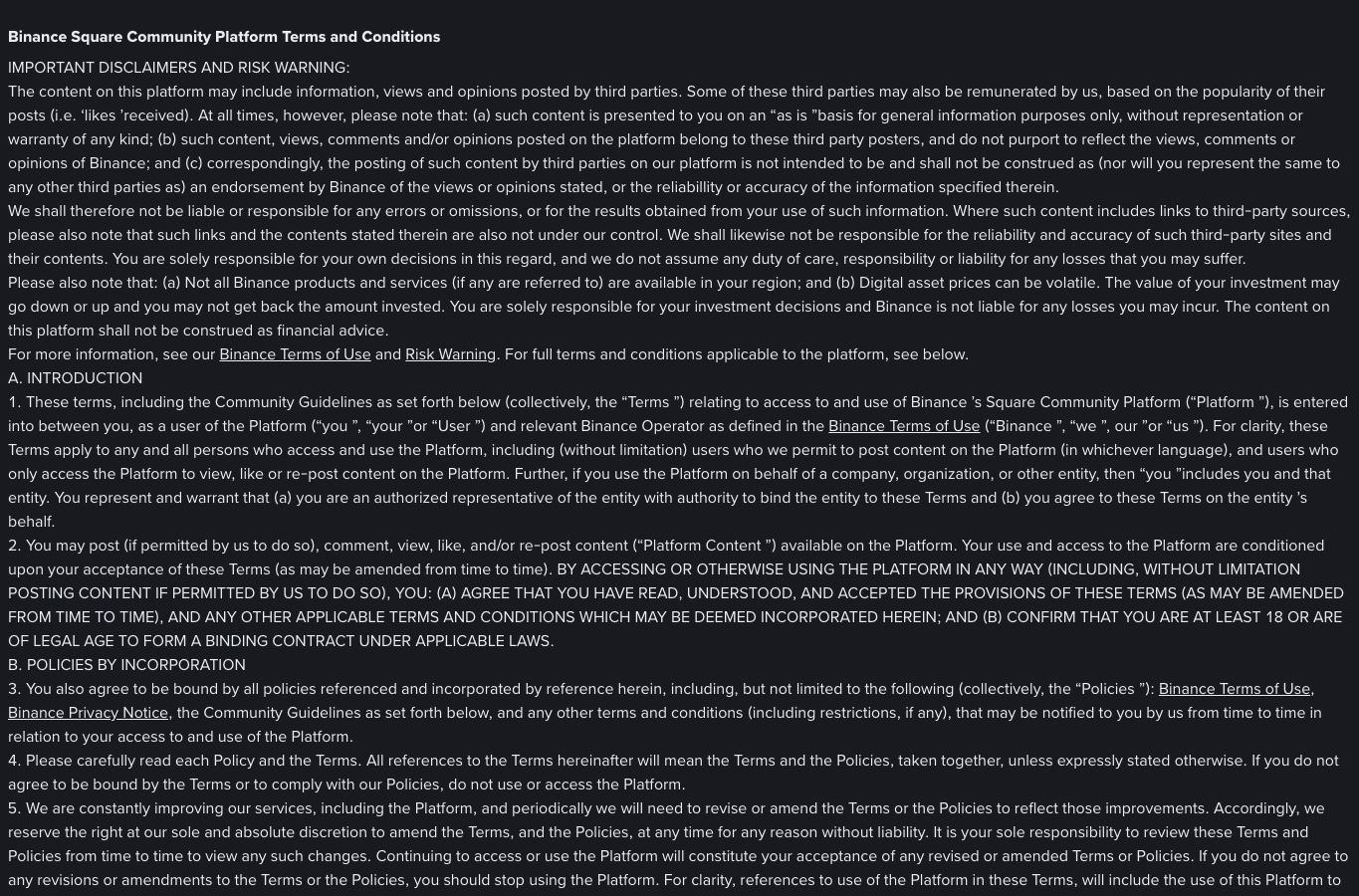 Binance Square Terms 页面展示信息用途和风险提示