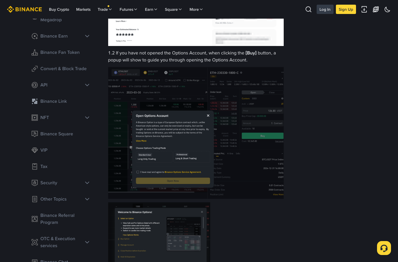 Binance 支持页展示 Options Wallet 划转和买入面板