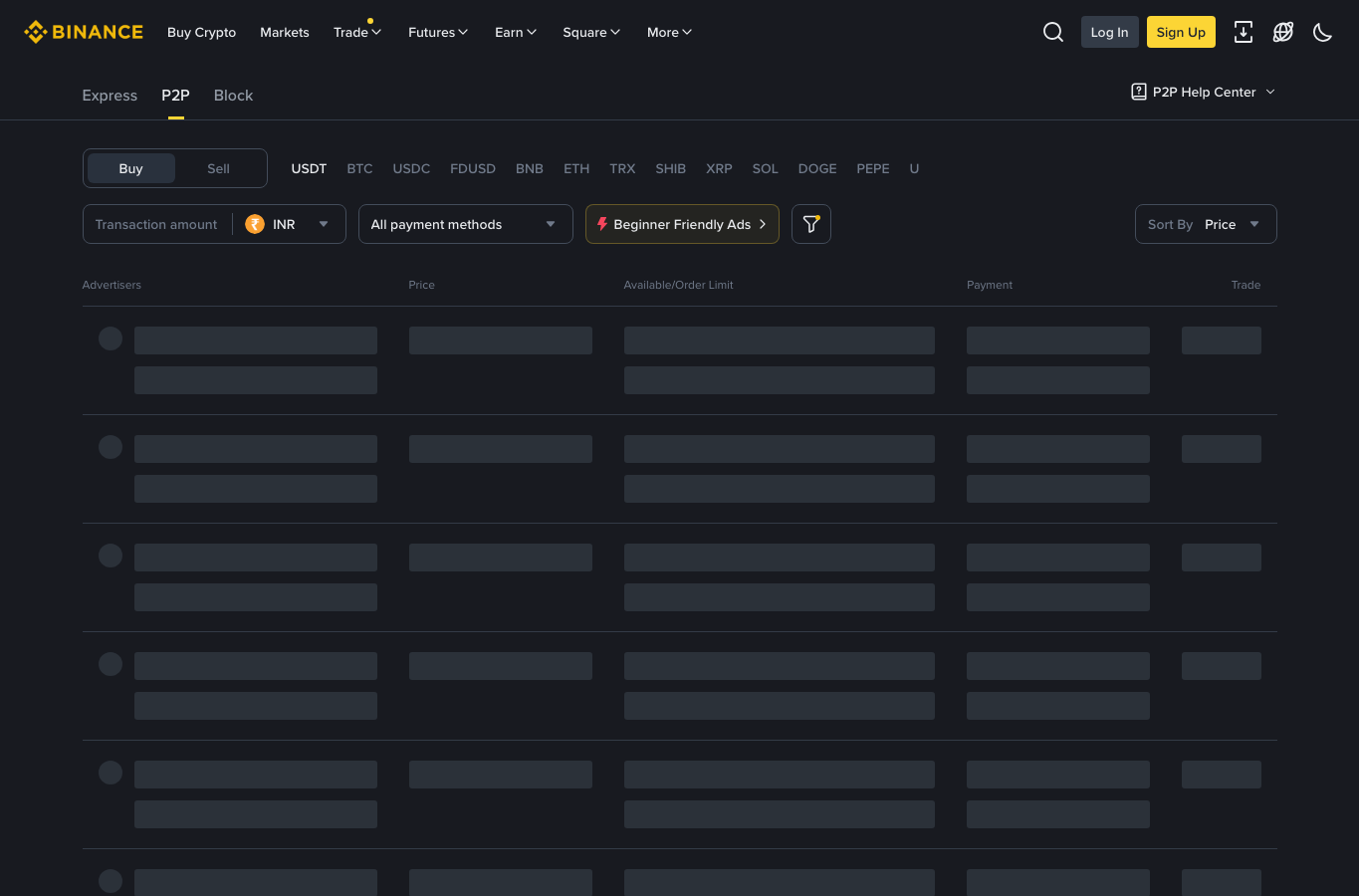 Binance P2P 页面显示法币交易入口