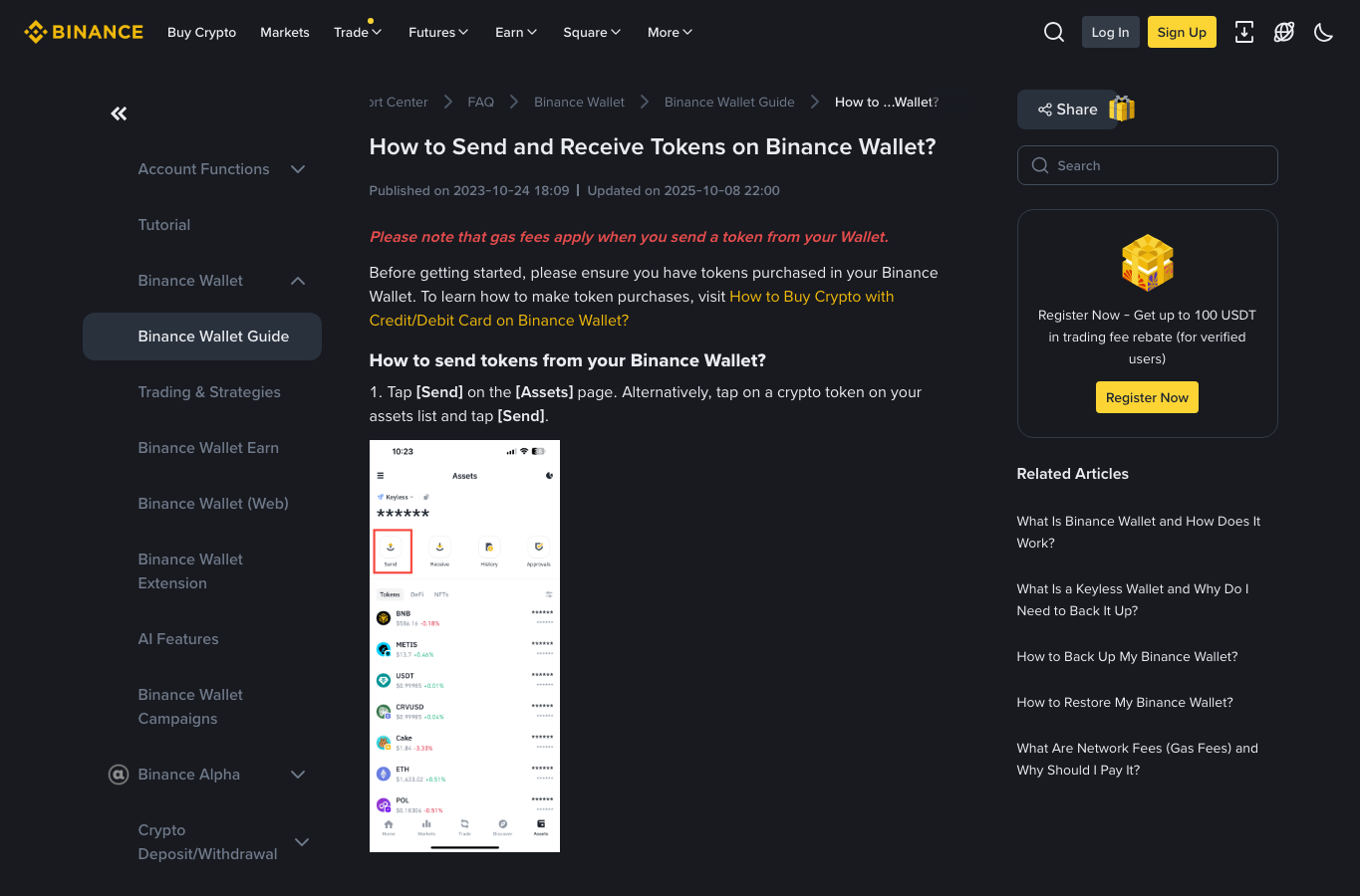 Binance 钱包发送和接收帮助页显示 Send 与网络选择步骤