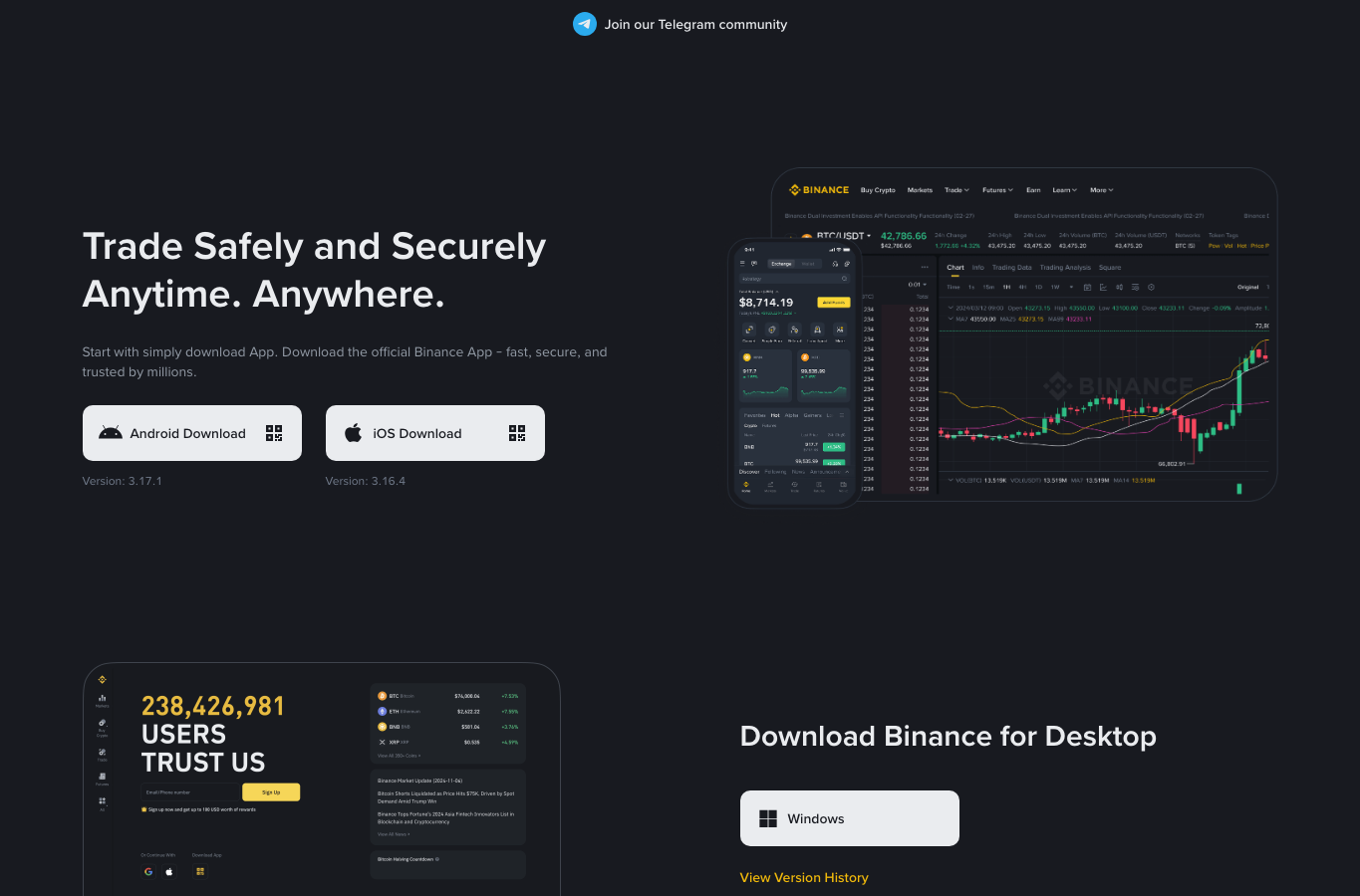 Binance 官方下载页显示移动端下载入口