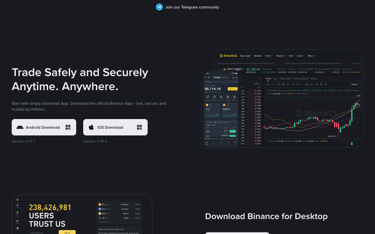 Binance 官网下载页显示 iOS Download 入口和当前 iOS 版本