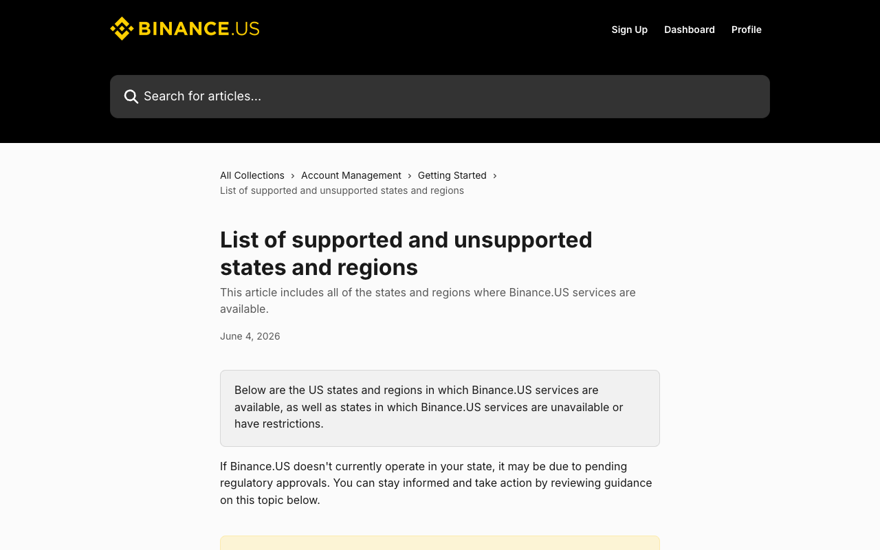 Binance.US 帮助中心显示支持和不支持州地区说明页