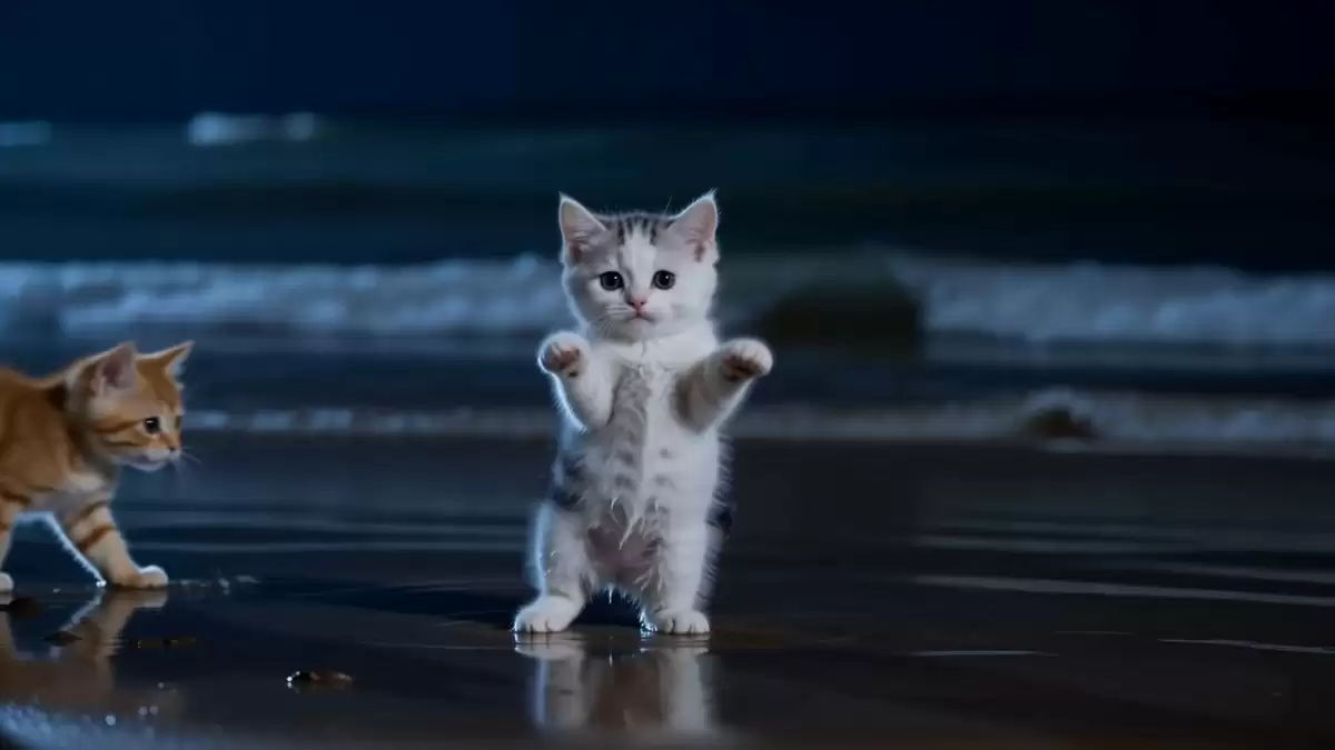 Adorable Dancing Kittens Night Beach