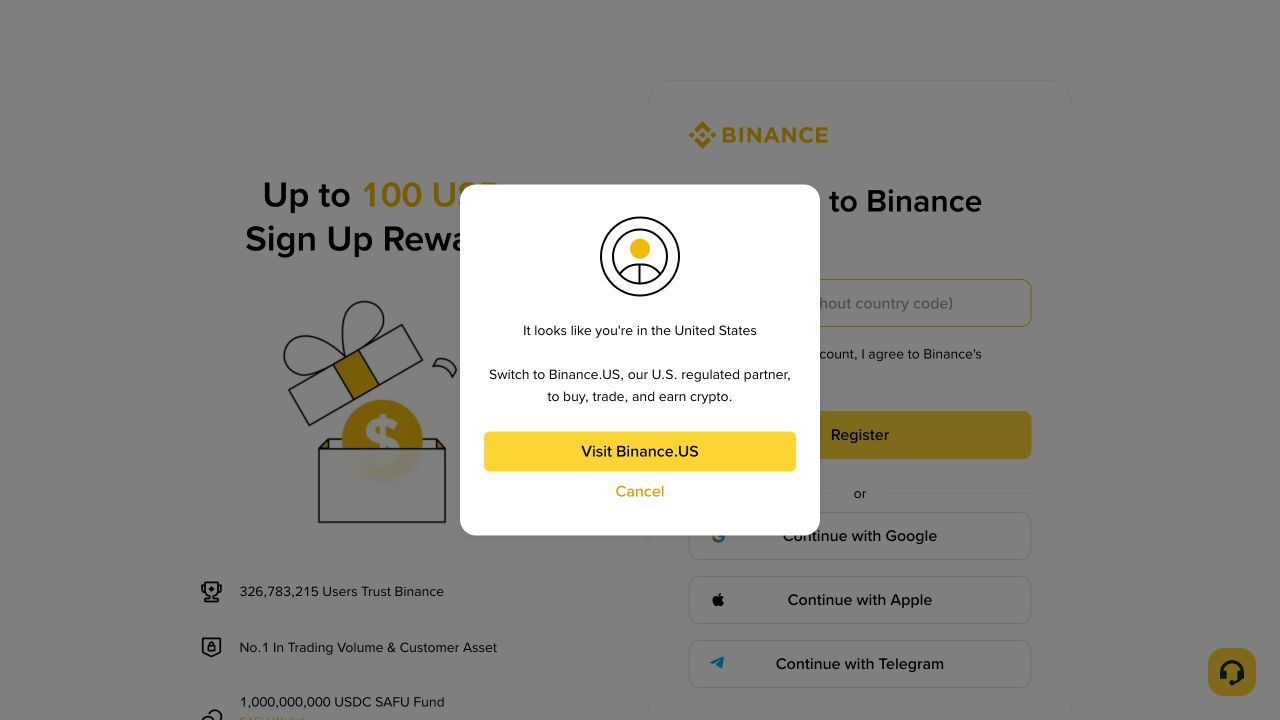 Binance 注册页面显示地区提示和注册入口