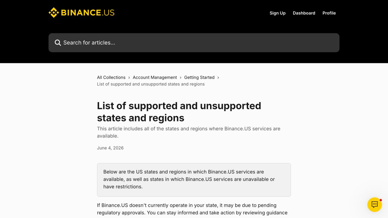 Binance.US 支持地区帮助页展示地区服务范围差异