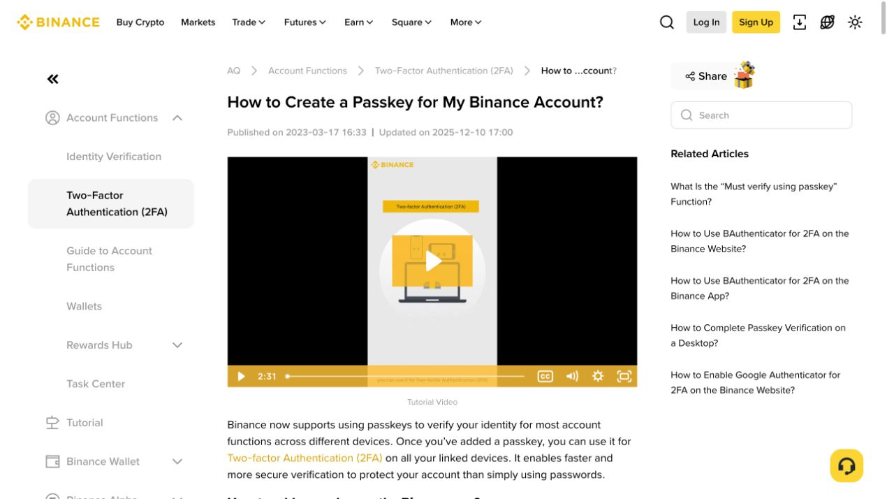 Binance Passkey 设置帮助页面