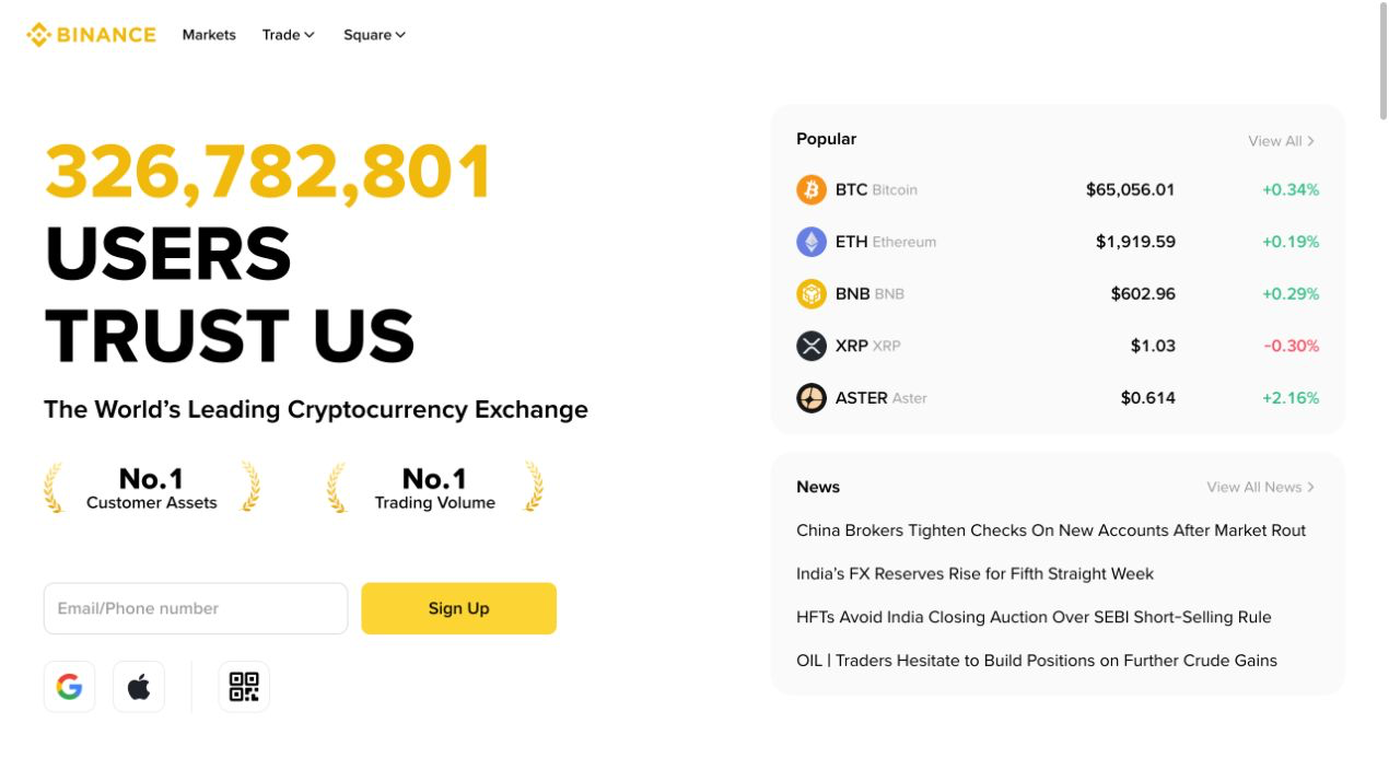Binance 官网首页显示注册入口和市场模块