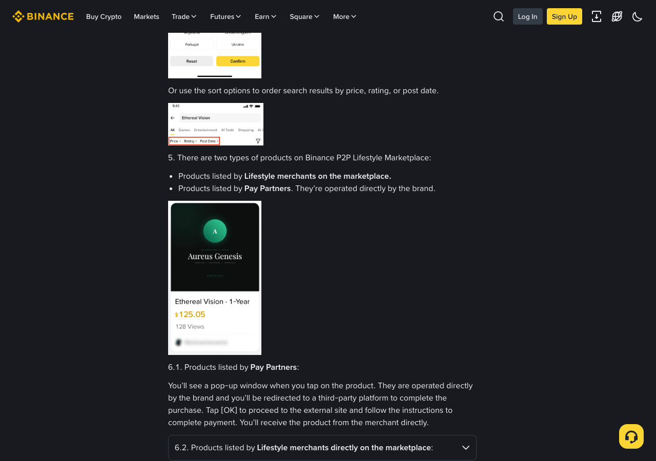 Binance Lifestyle 购买帮助页展示筛选、排序和商品卡片