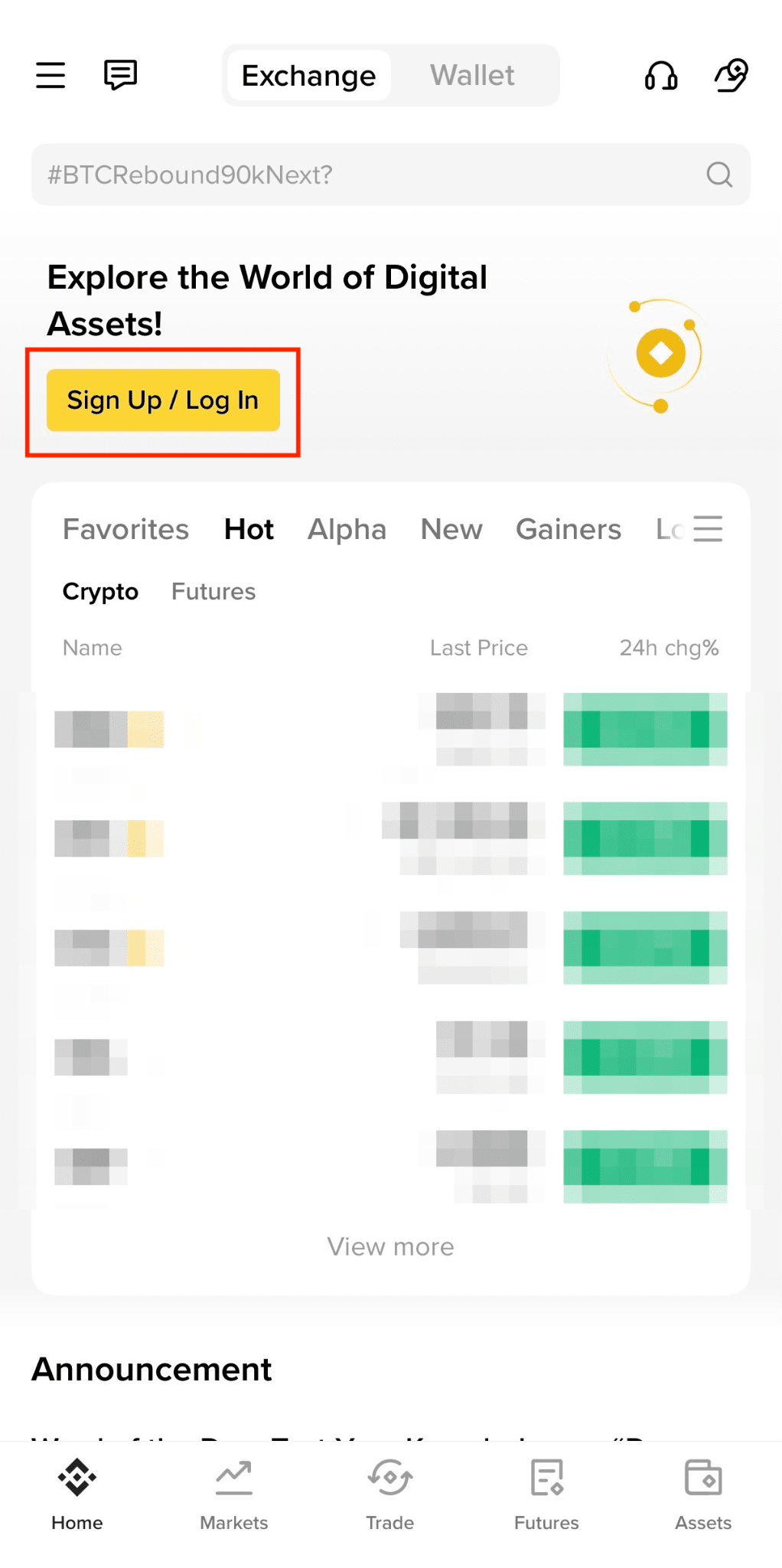币安 App 首页的注册和登录入口