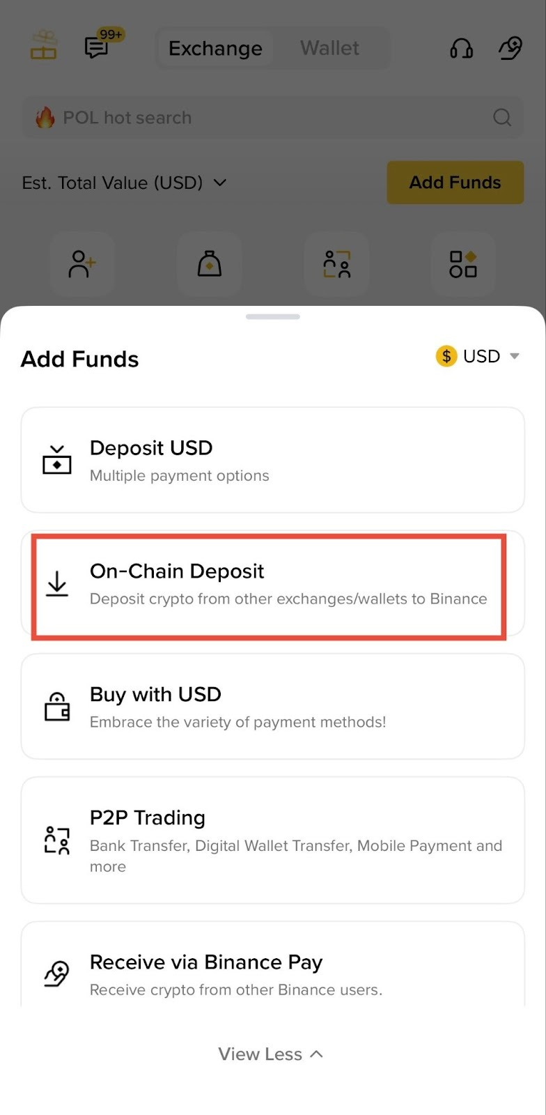 币安App Add Funds 面板中的 On-Chain Deposit 入口