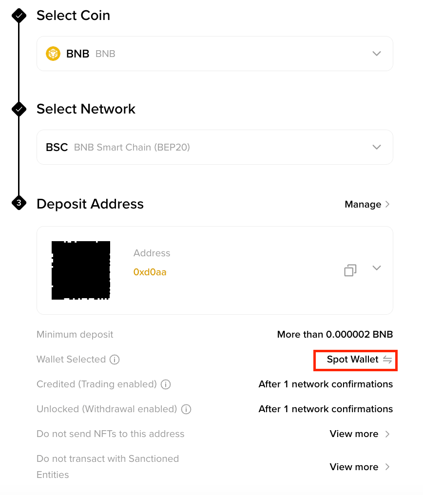 币安网页端充值页中选择Spot Wallet到账位置