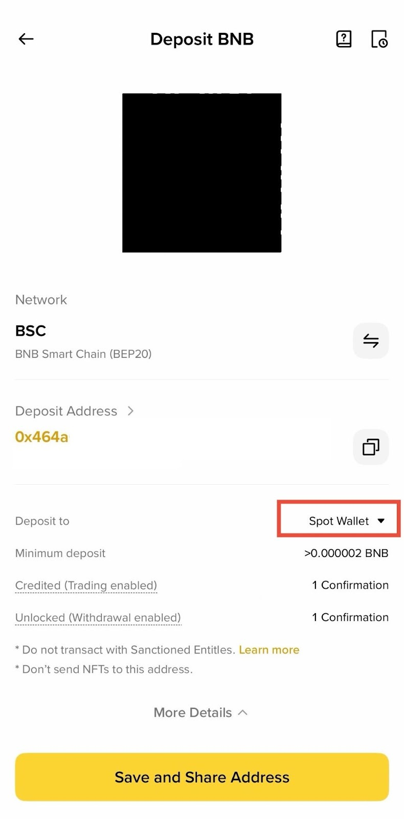 币安App充值页显示网络地址到账钱包和确认数信息