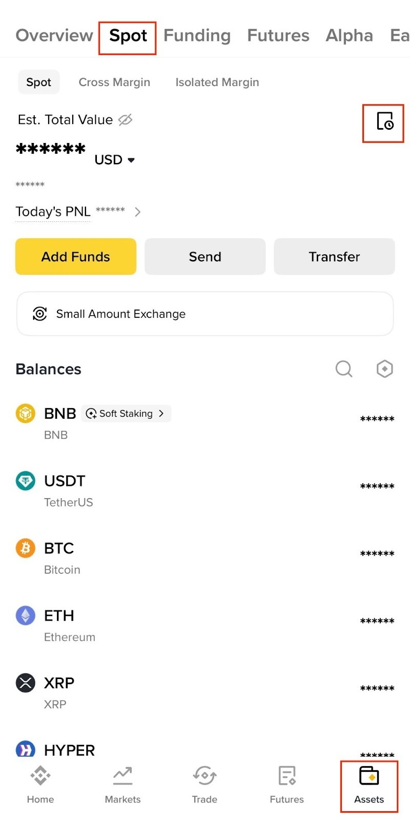 币安App资产页中的Spot和交易历史入口