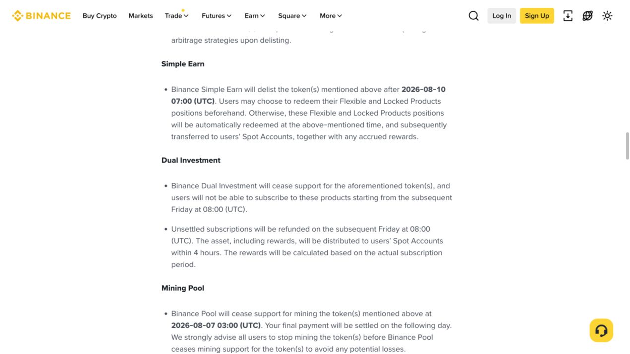 币安官方下架公告中的 Simple Earn、Dual Investment 和 Mining Pool 影响