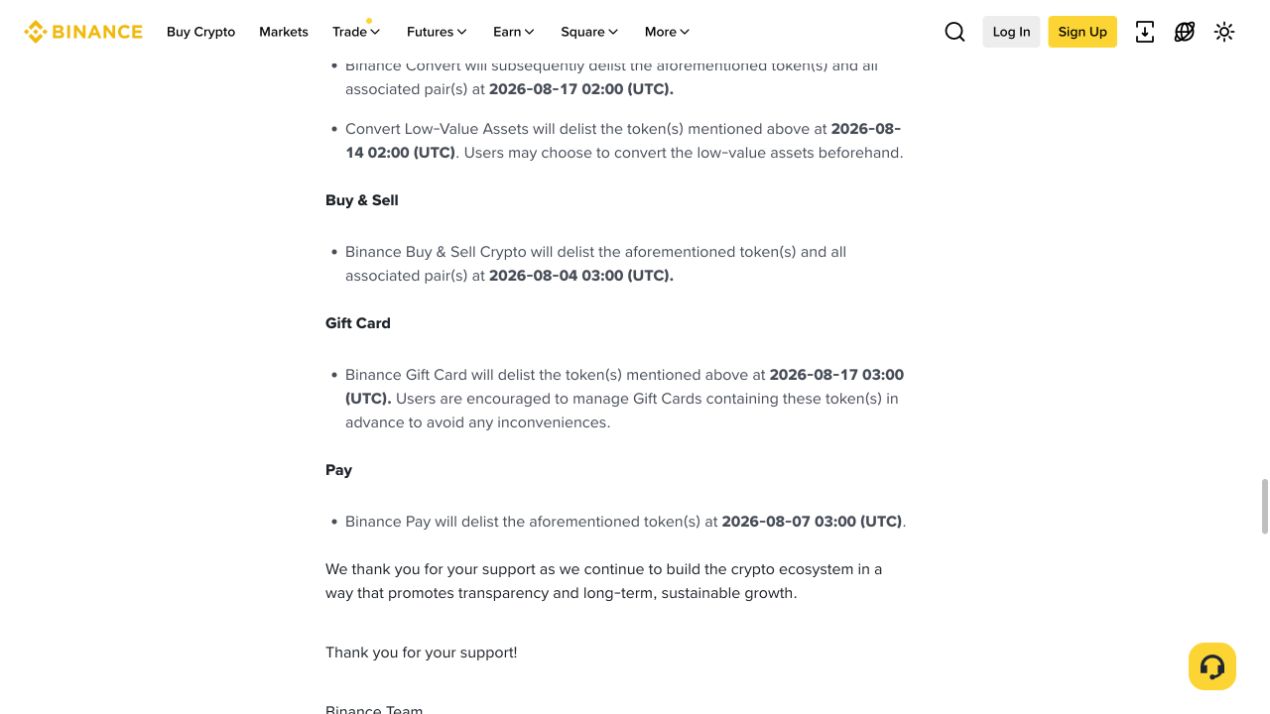 币安官方下架公告中的 Convert、Buy and Sell、Pay 和结尾说明