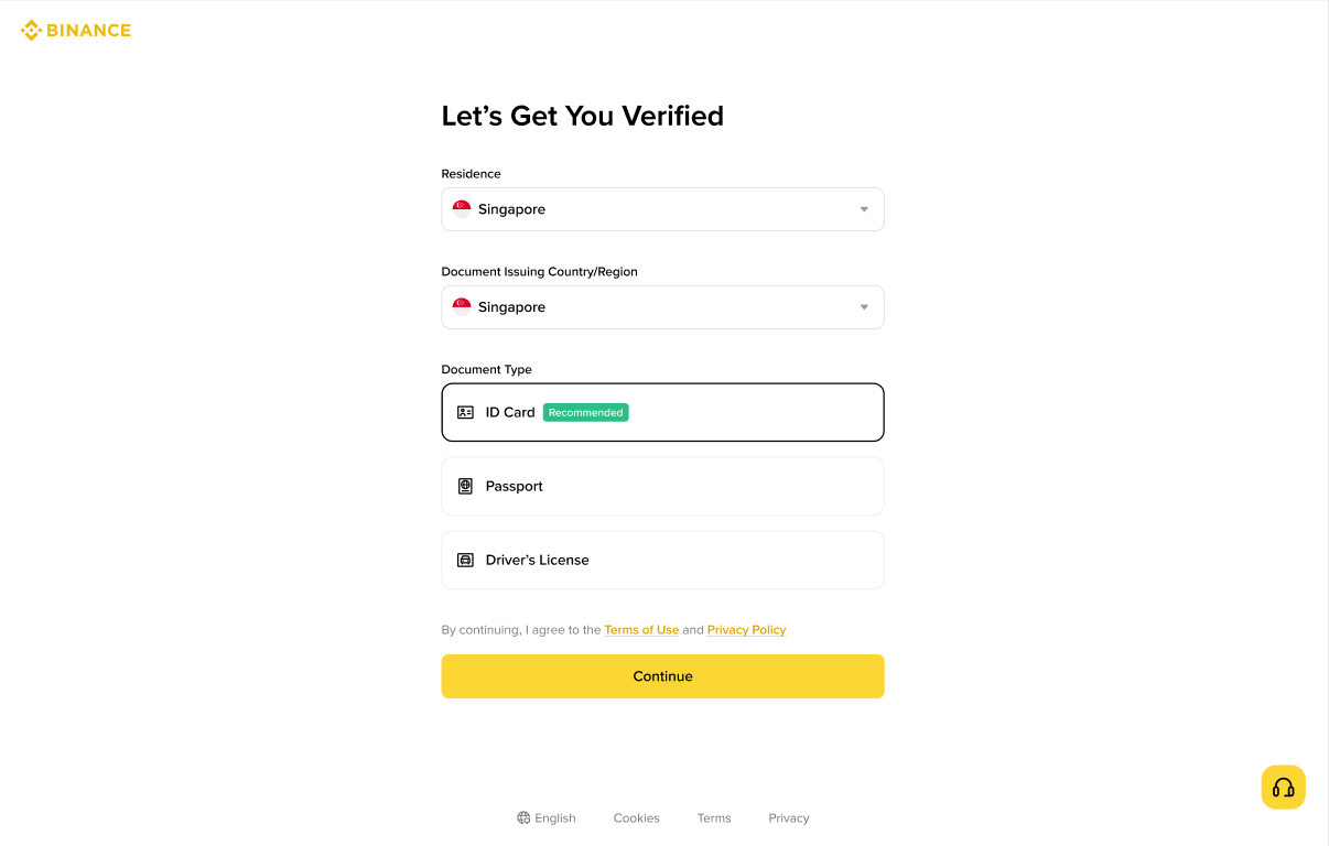 币安 KYC 页面选择居住地和证件信息