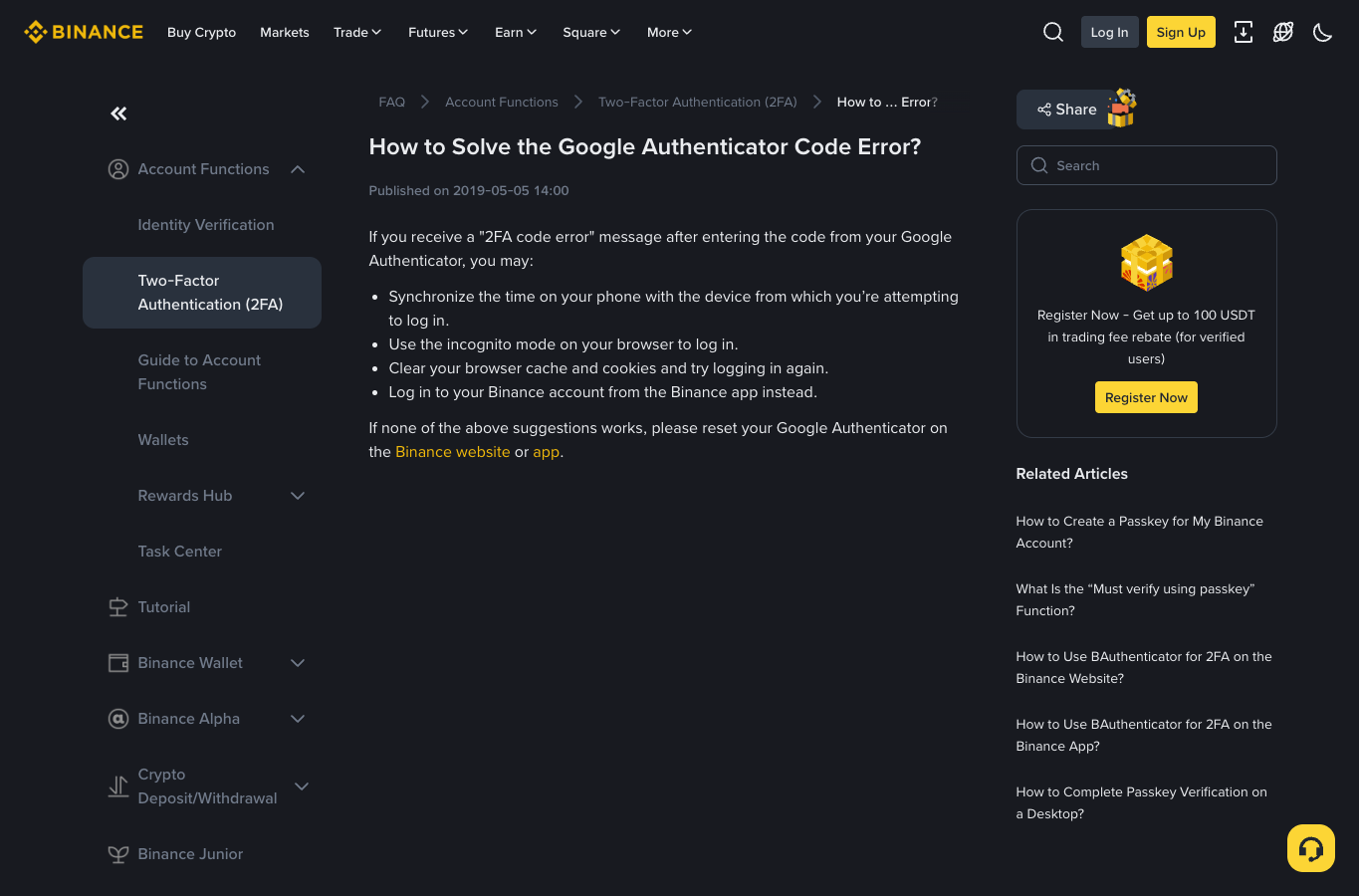 币安帮助中心中 Google Authenticator code error 的官方排查建议