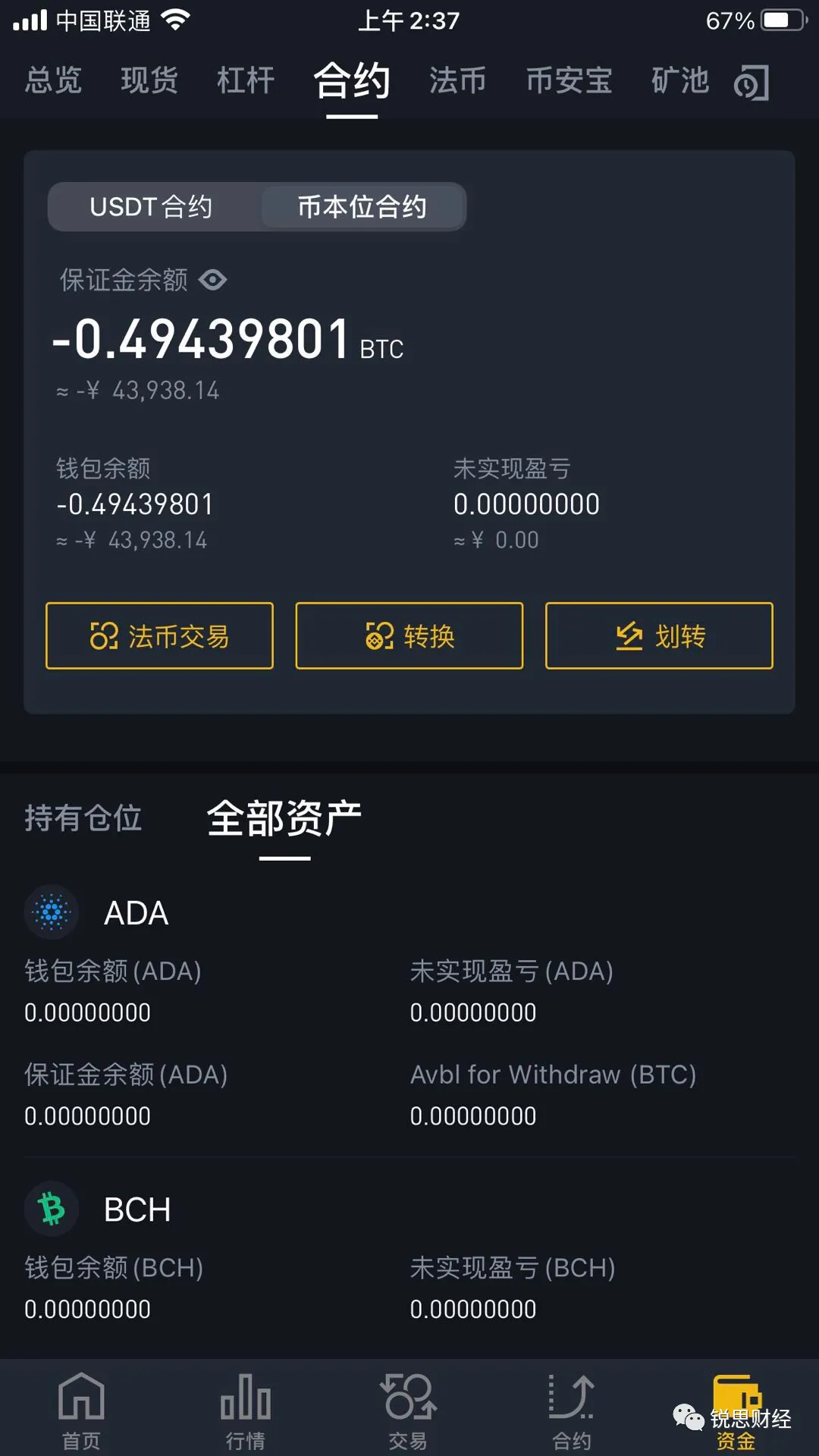 币安移动端合约账户页面，显示USDT合约、币本位合约和保证金余额