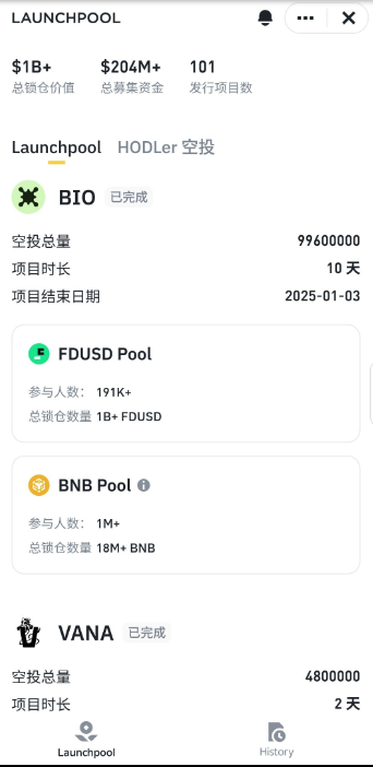 币安页面显示Launchpool与HODLer空投标签