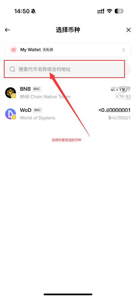 币安中文 App Web3 钱包选择币种页面，可搜索代币名称或合约地址