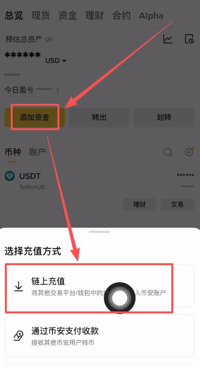 币安中文 App 资产页点击添加资金并选择链上充值