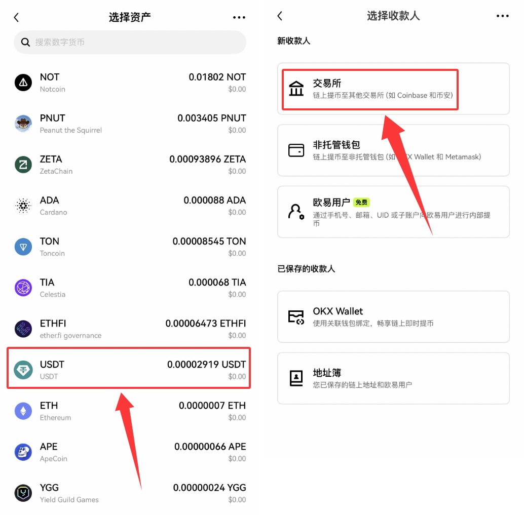 外部平台中文 App 选择 USDT 作为转出币种