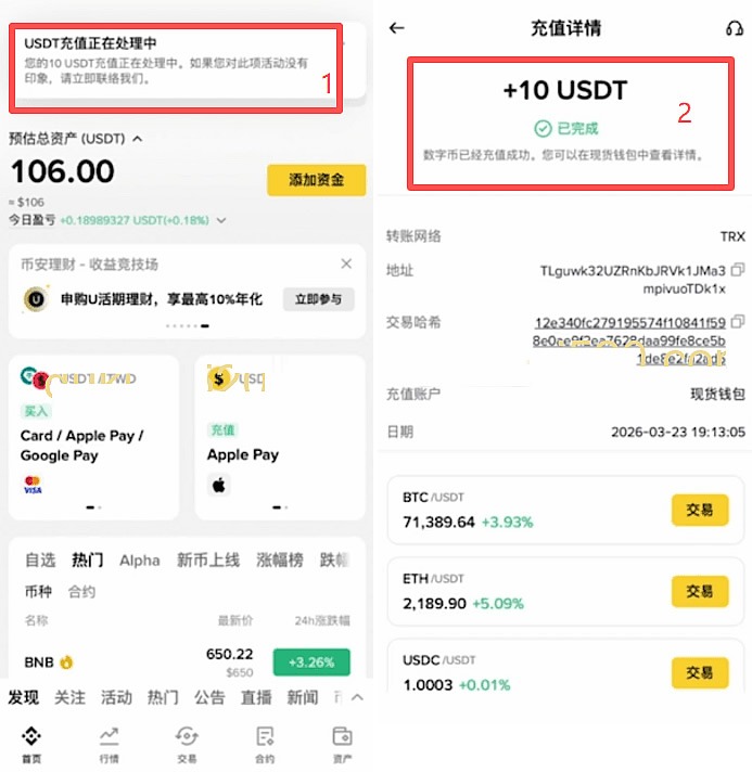 币安中文 App 显示 USDT 充值到账记录和资产变化