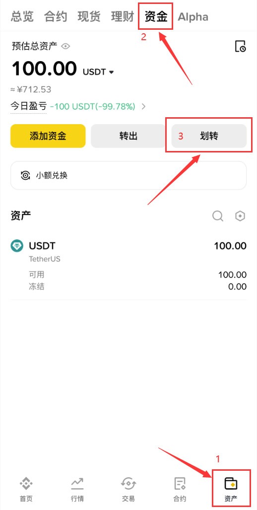 币安中文 App 资产页 USDT 余额旁边点击划转