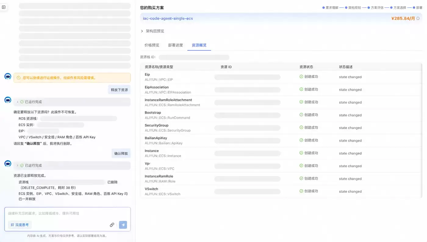 在 AI 售卖页发起资源释放、二次确认并完成回收，资源标识已脱敏